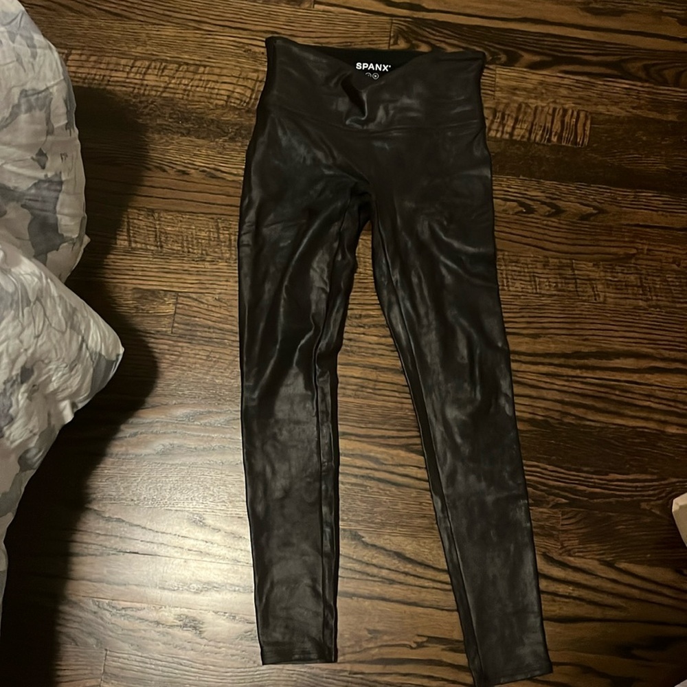 Spanx faux leather leggings—medium petite